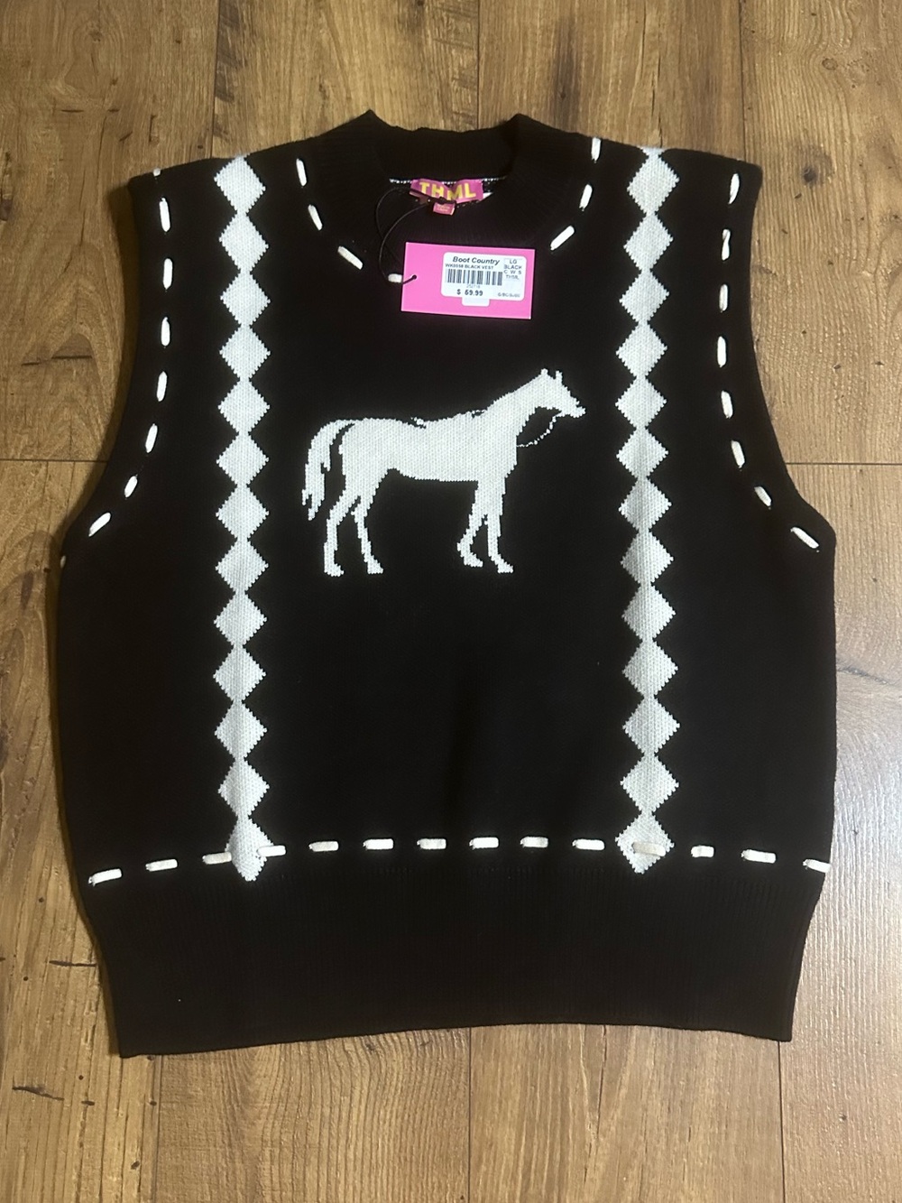 THML Black and White Horse Intarsia Sweater Vest